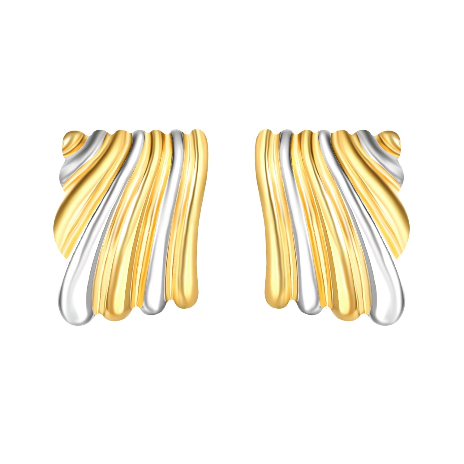 23.2mm*30.5mm Square Two-Tone Wavy Texture Stud Earrings, Two-Tone Gold asonjewelry